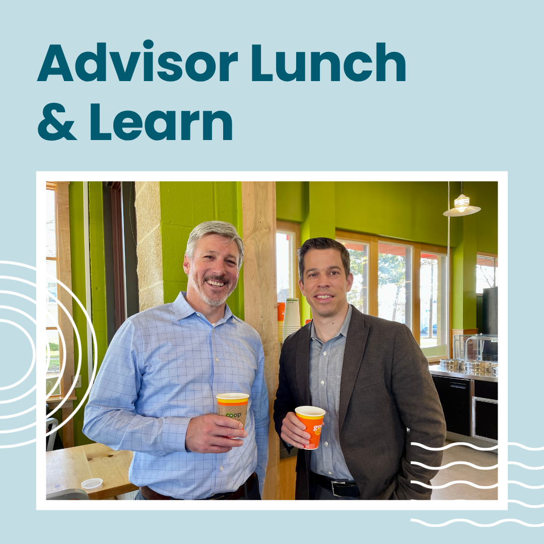 Advisor Lunch and Learn square graphic with a photo of two men standing next to each other holding coffee mugs